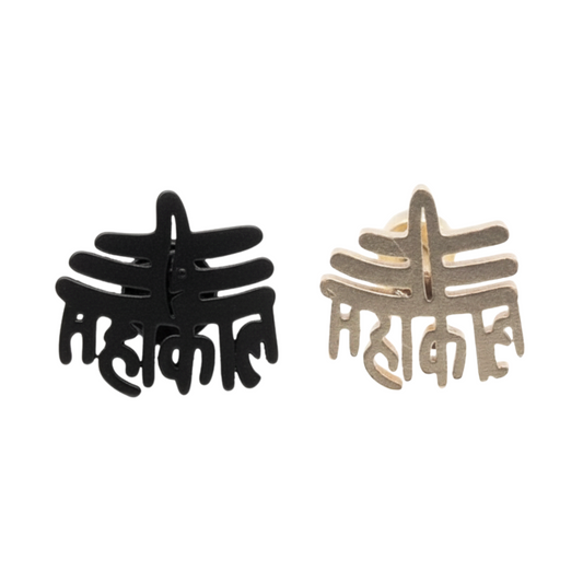 Black and gold earrings with intricate designs on a white background