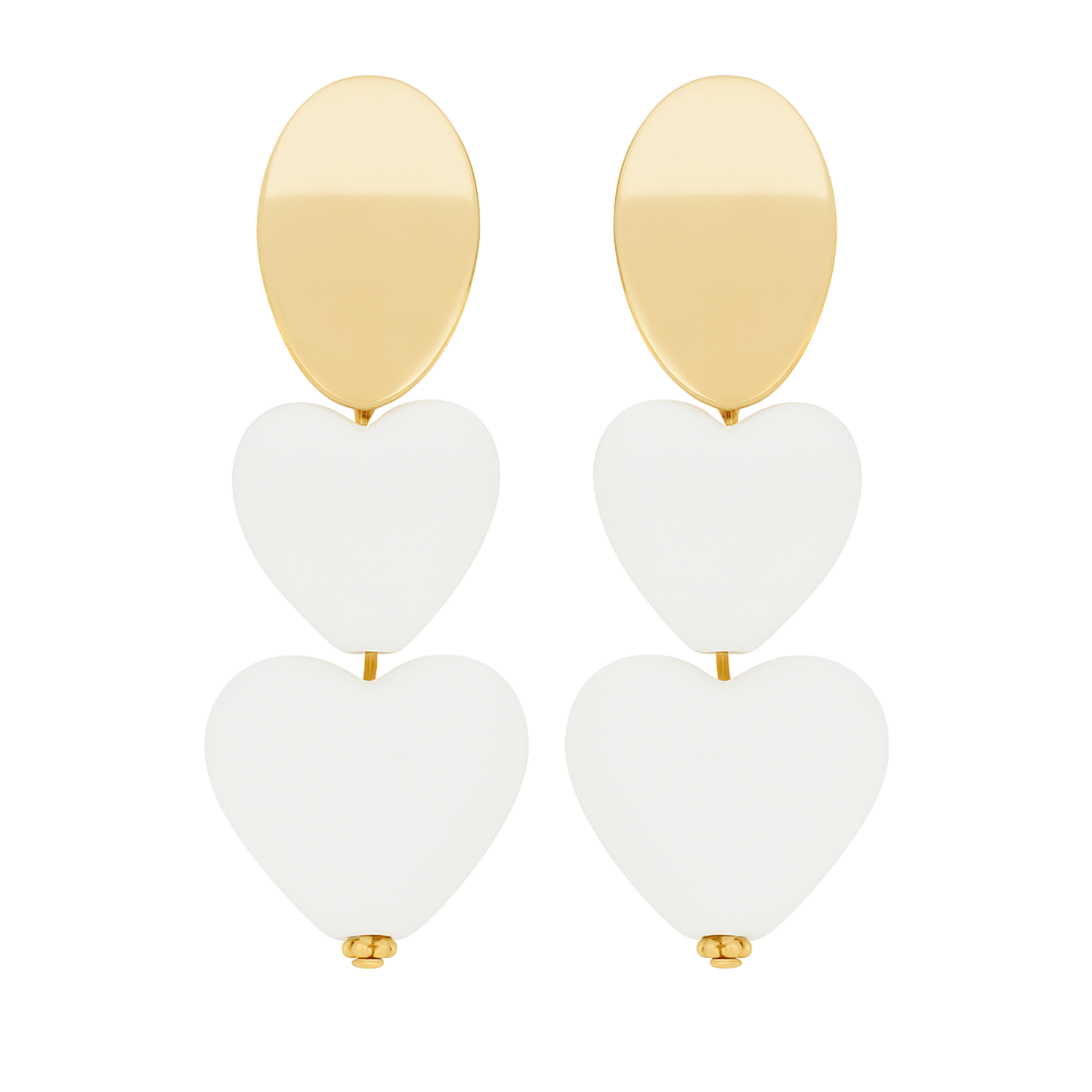 Gold and white heart-shaped earrings on a white background