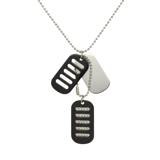 Metallic name tag necklace with black, white, and silver tags on a white background