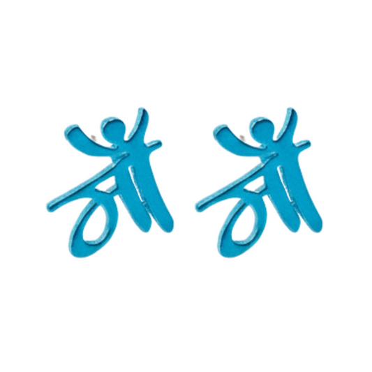Pair of blue abstract figure earrings on a white background