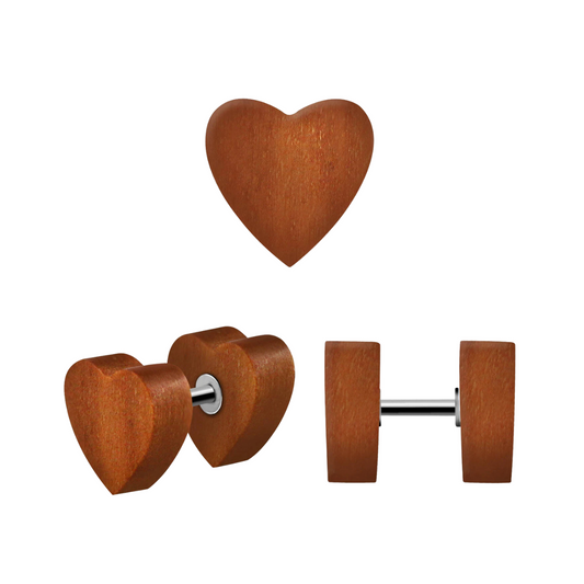 Wooden heart-shaped earrings on a white background