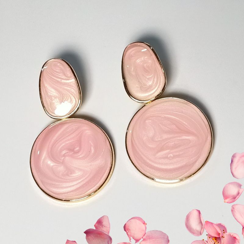 Pink Round Drop Earrings in Stainless Steel with Gold Outline