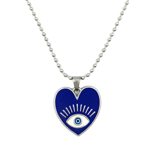 Heart-shaped pendant with eye design on a silver chain against a white background