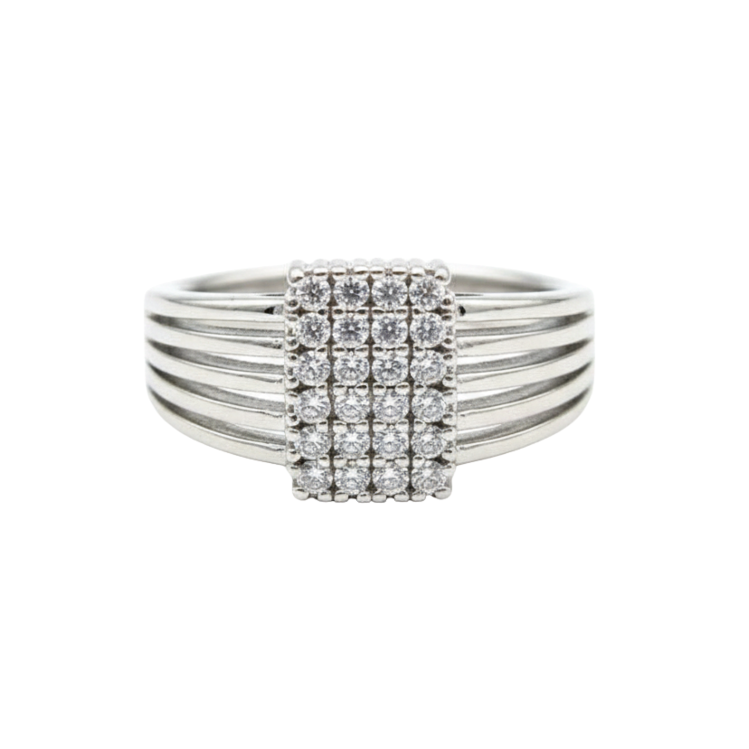 Silver ring with diamond accents on a white background