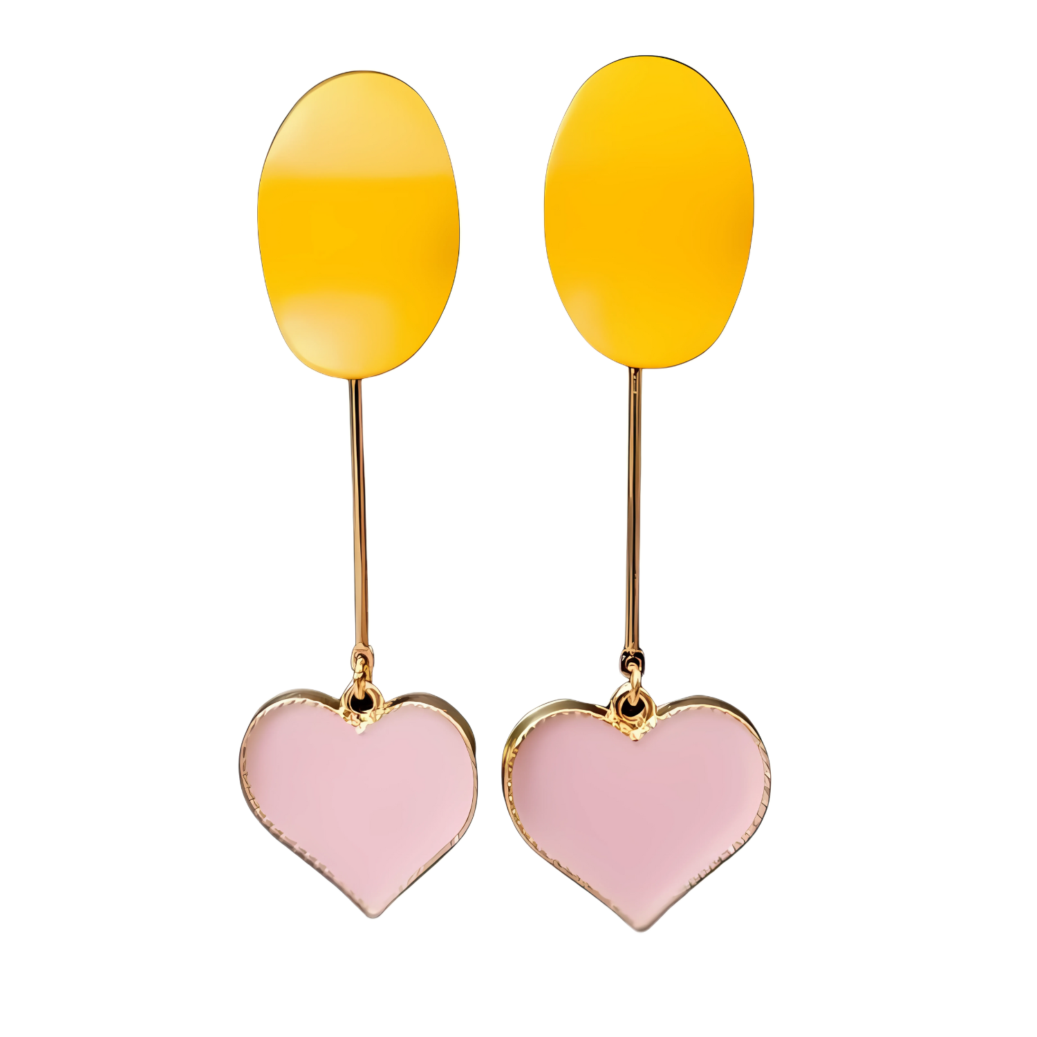 Pair of earrings with yellow oval tops and pink heart bottoms on a white background