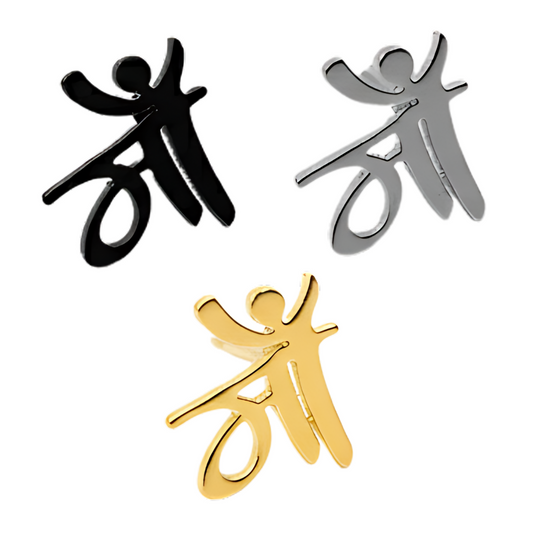 Three abstract human figures in black, silver, and gold on a white background