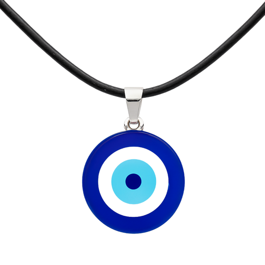 Blue and white circular pendant on a black cord against a white background