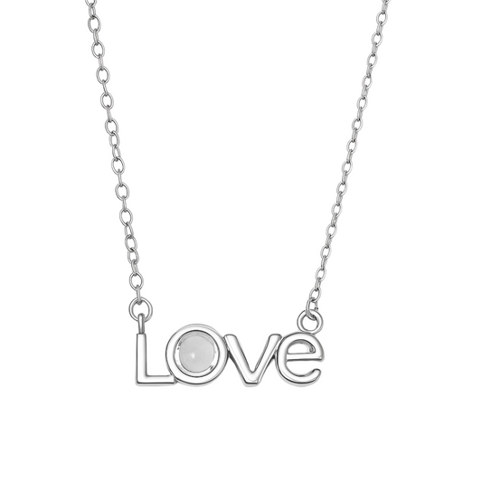 Silver necklace with 'LOVE' pendant on a white background