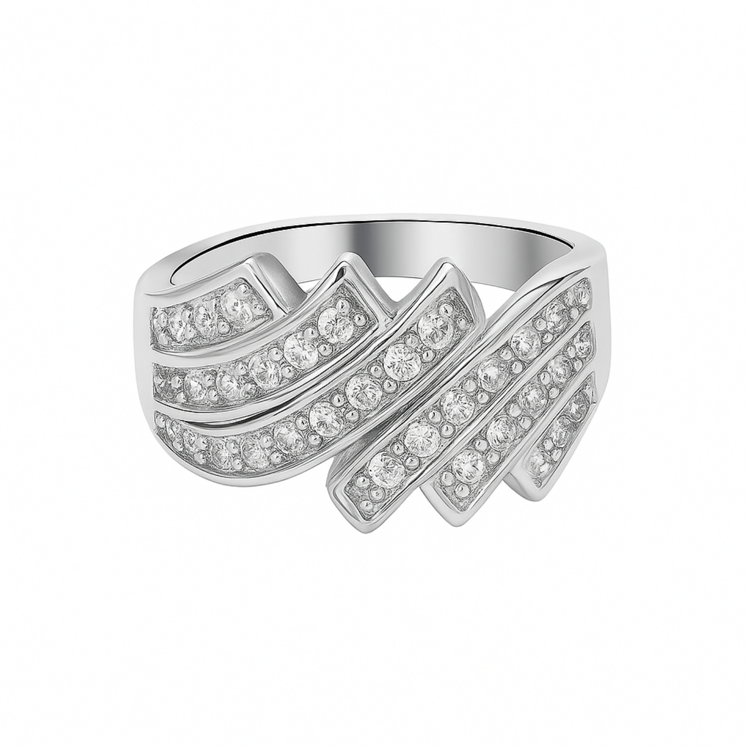 Silver ring with diamond accents on a white background