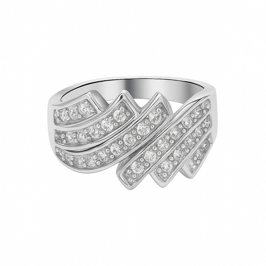 Silver ring with diamond accents on a white background
