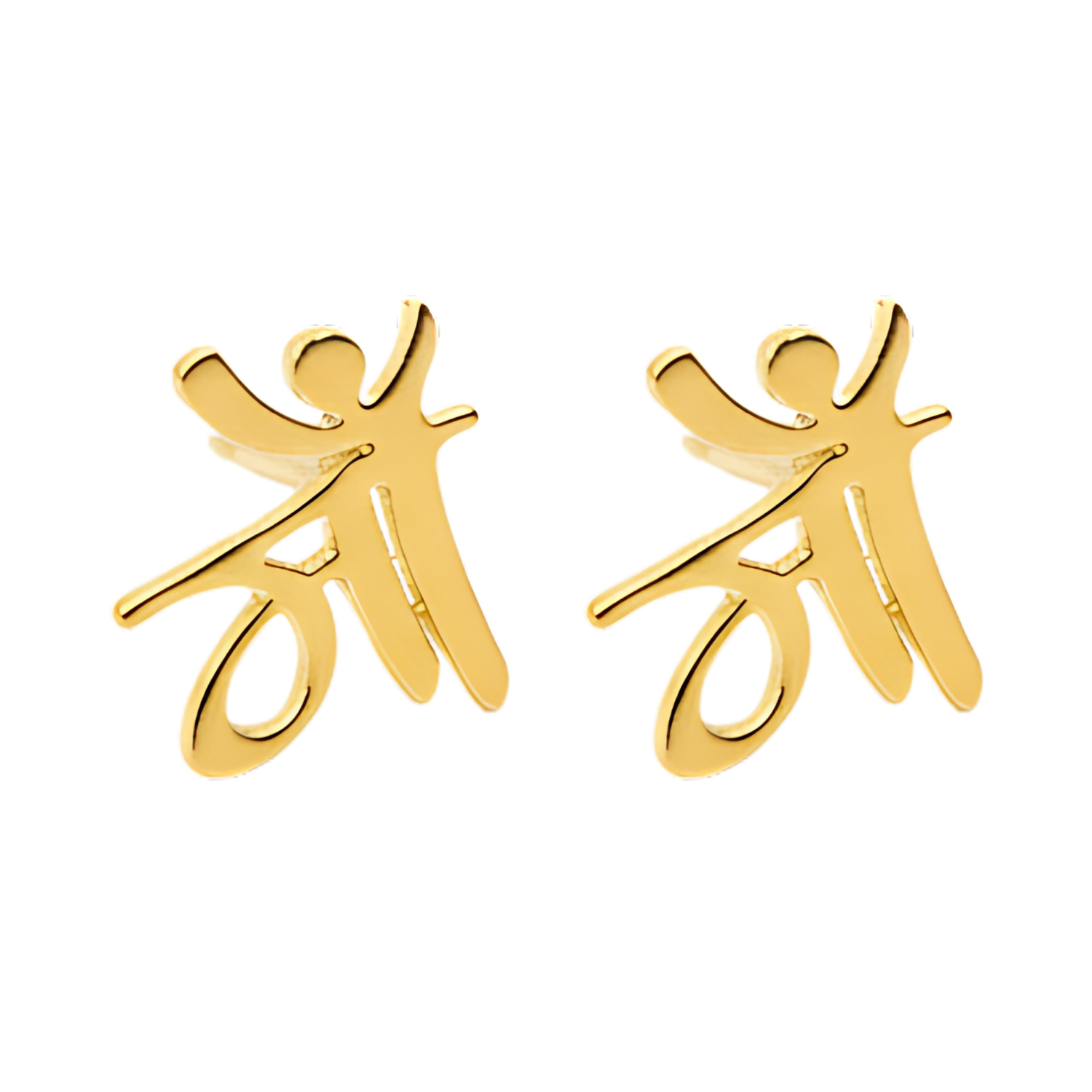 Gold abstract earrings on a white background