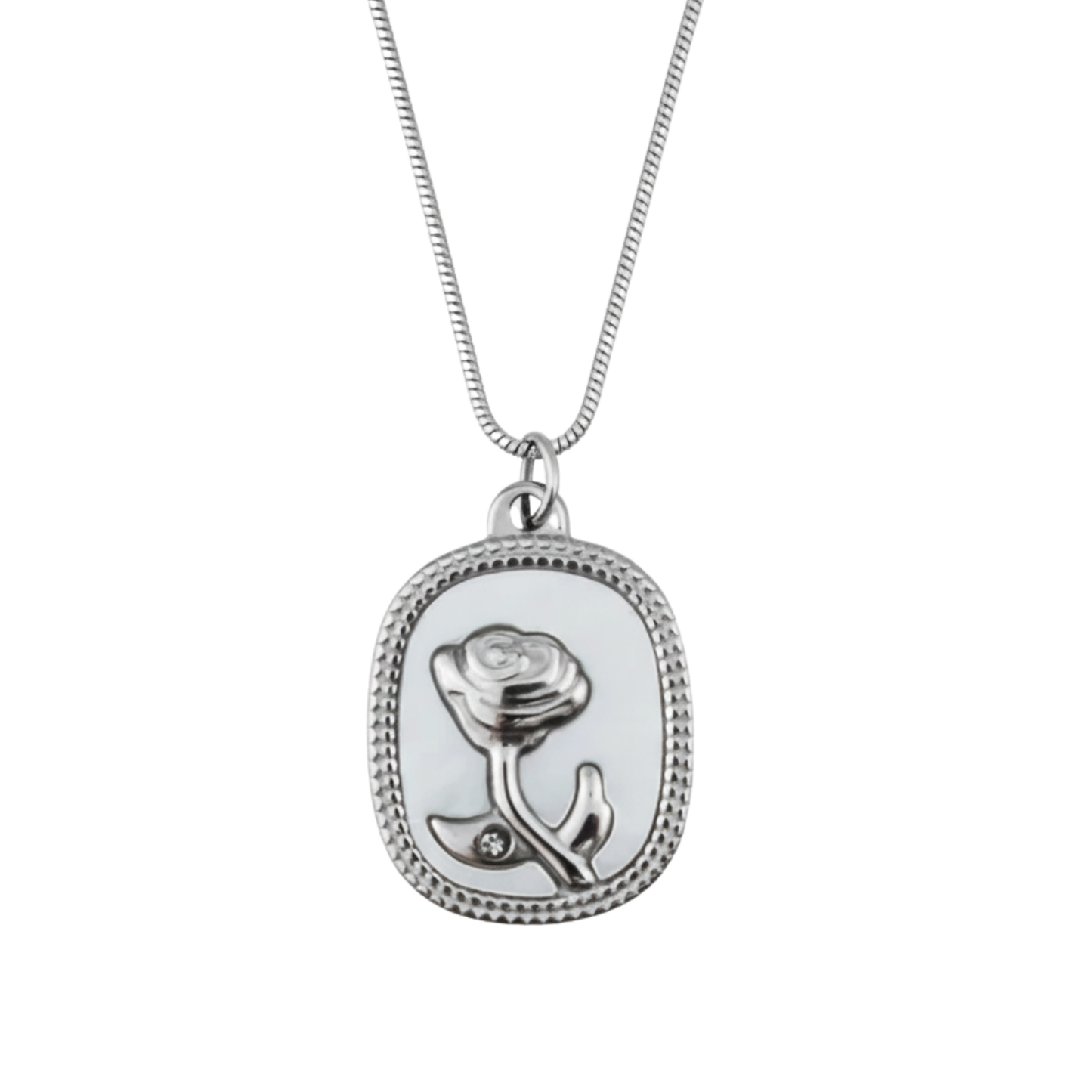 Silver necklace with a rose pendant on a white background
