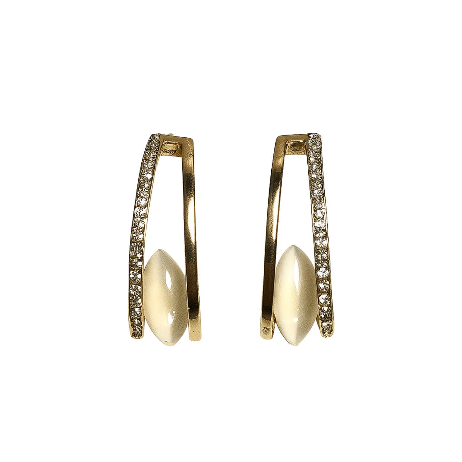 Gold hoop earrings with pearl-like centers on a white background