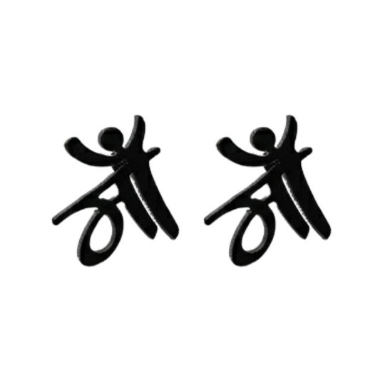 Black silhouette earrings of people holding hands on a white background