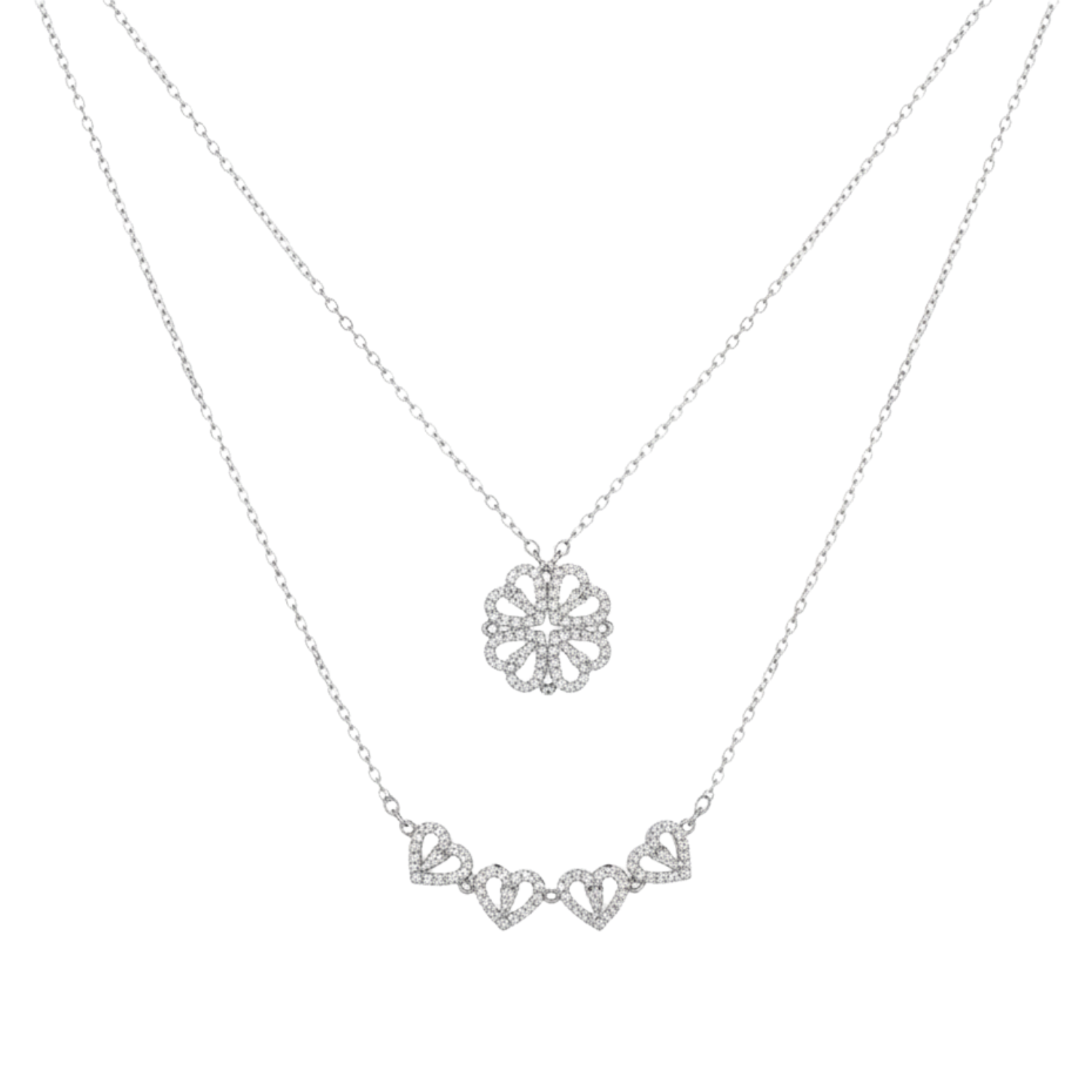 Silver necklace with a floral pendant on a white background