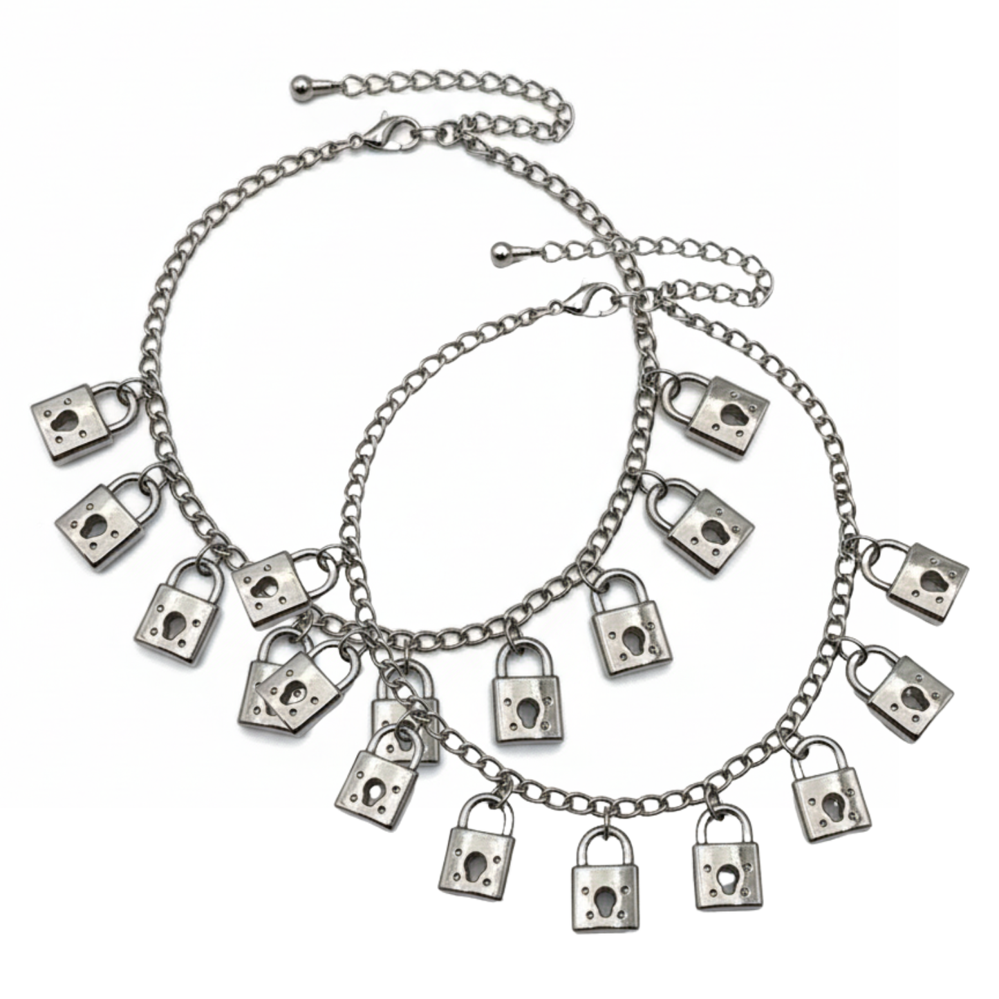 Silver chain bracelet with padlock charms on a white background