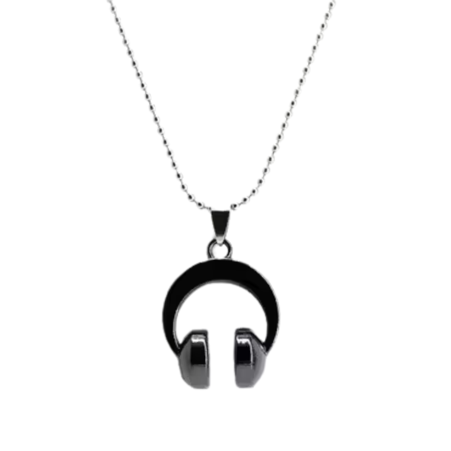 Black headphone-shaped pendant on a silver chain against a white background