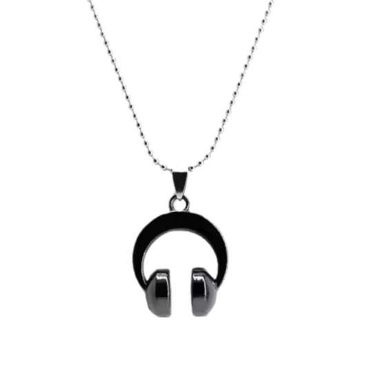 Black headphone-shaped pendant on a silver chain against a white background