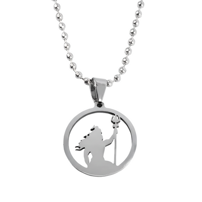 Silver pendant necklace with a circular design on a white background