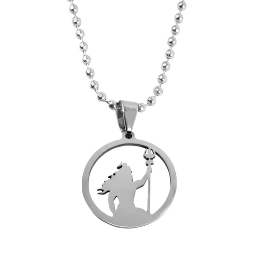 Silver pendant necklace with a circular design on a white background