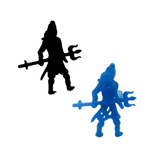 Black silhouette and blue figure of a warrior with a spear on a white background