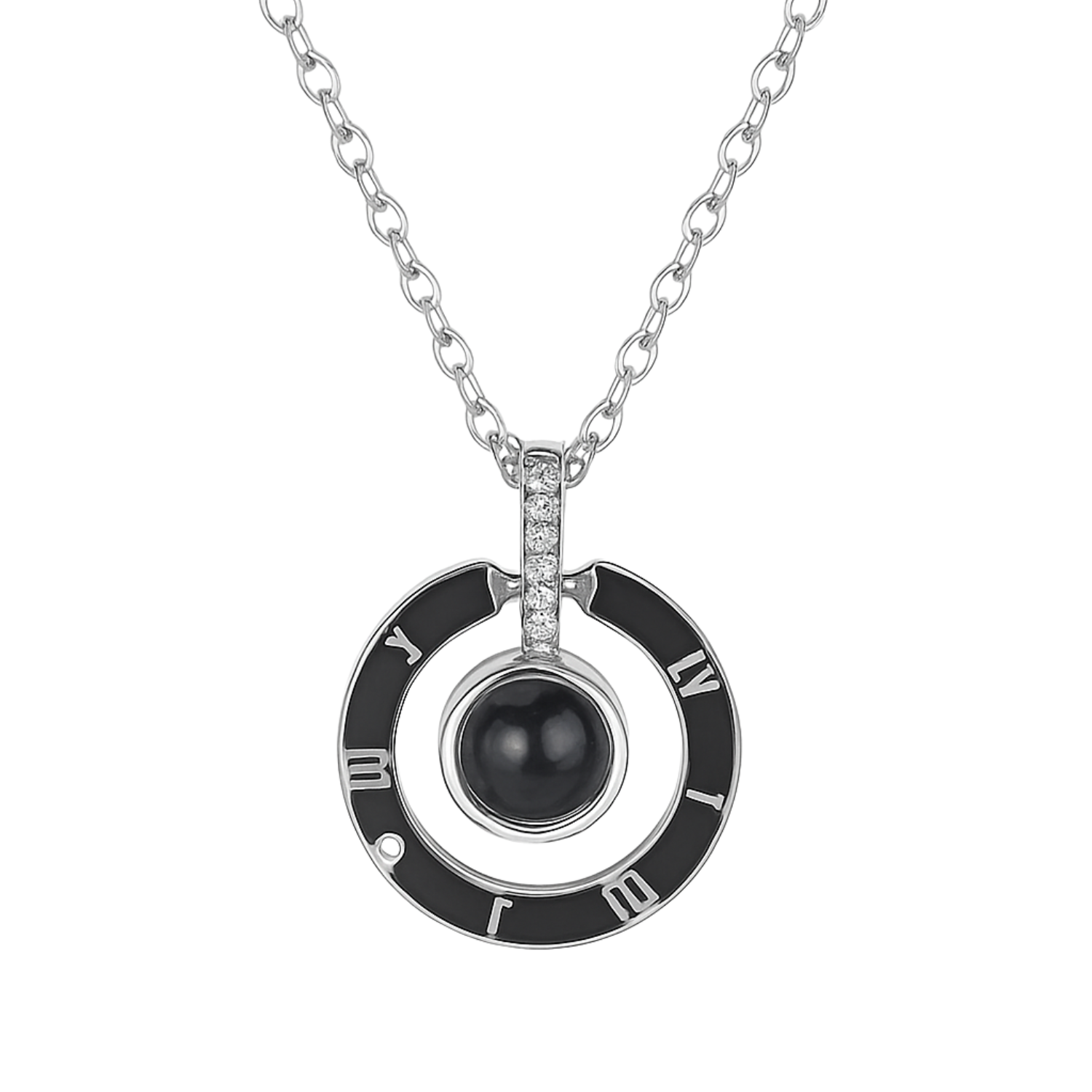 Necklace with a black pendant and Roman numeral design on a white background