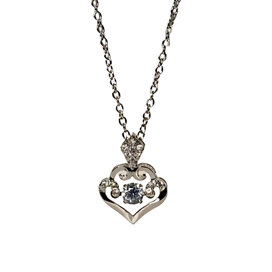 Heart-shaped pendant necklace with a small blue gemstone on a white background