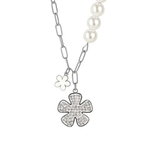Necklace with a silver clover pendant and pearl beads on a white background