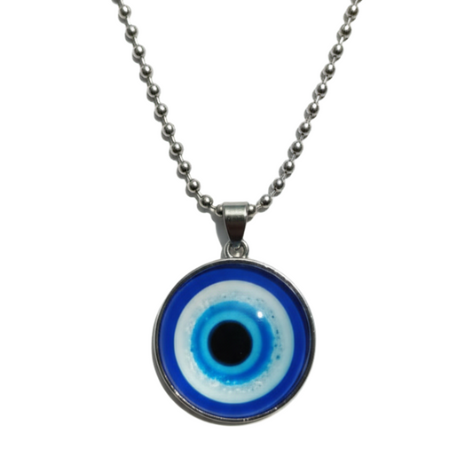Blue and white eye-shaped pendant on a silver chain against a white background