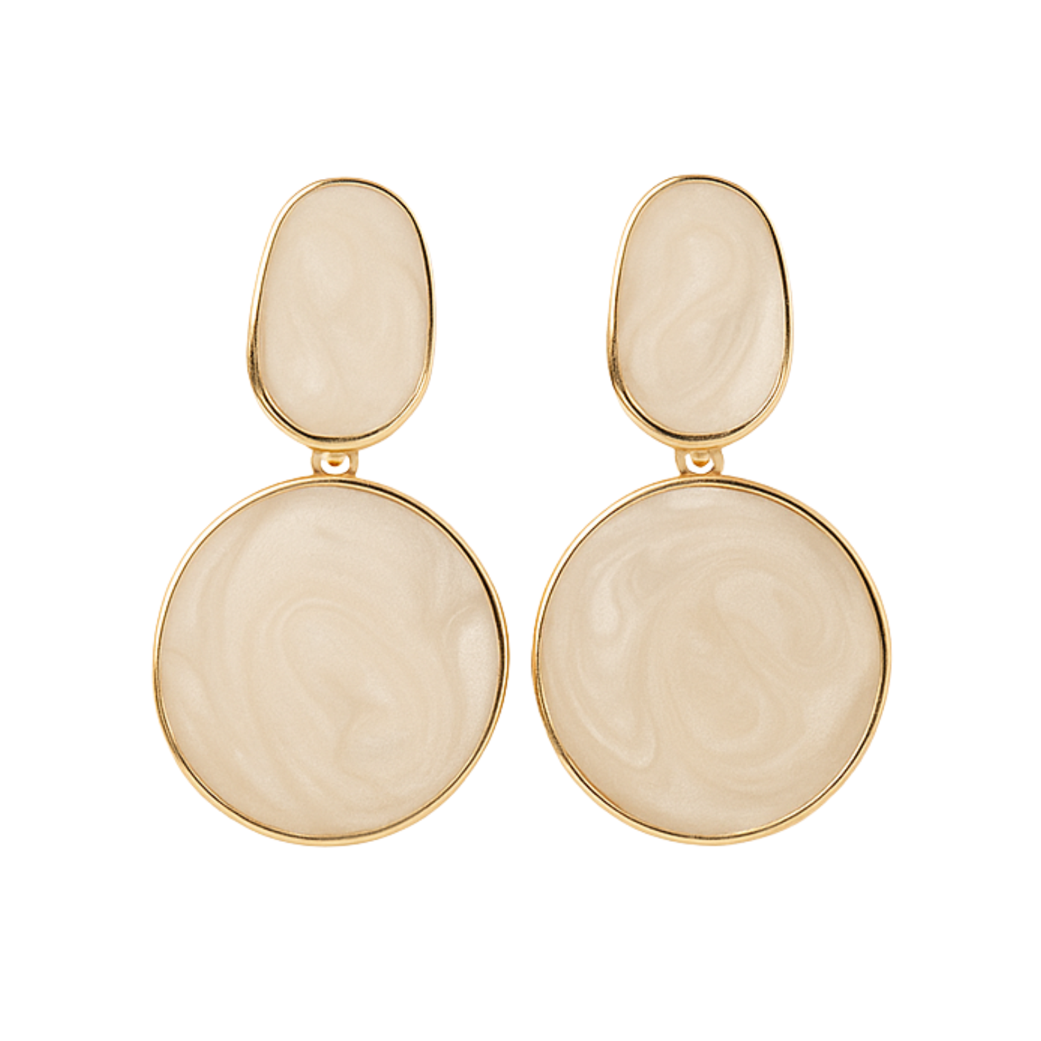 Pair of gold and beige earrings on a white background