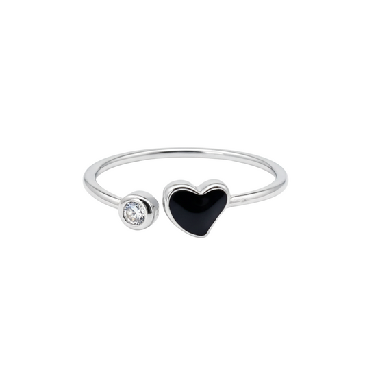 Silver ring with a black heart-shaped gem and clear stone on a white background