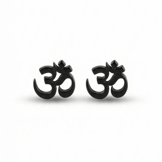 Black Om symbol earrings on a white background