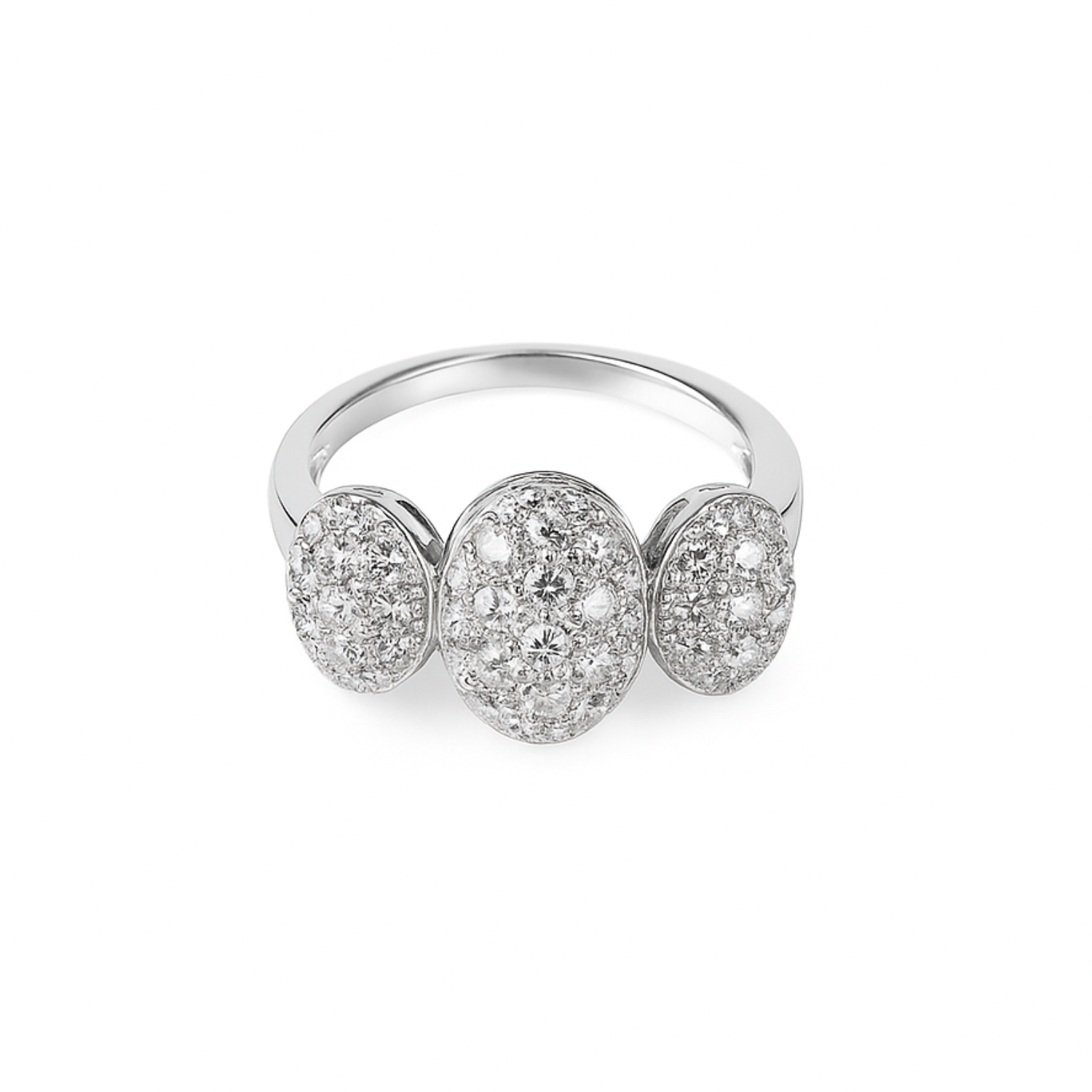 Silver ring with three oval-shaped diamond clusters on a white background