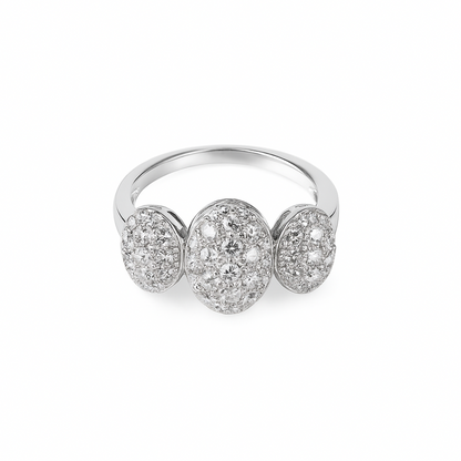 Silver ring with three oval-shaped diamond clusters on a white background