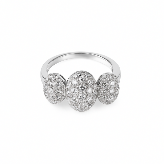 Silver ring with three oval-shaped diamond clusters on a white background