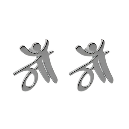 Silver abstract figure earrings on a white background
