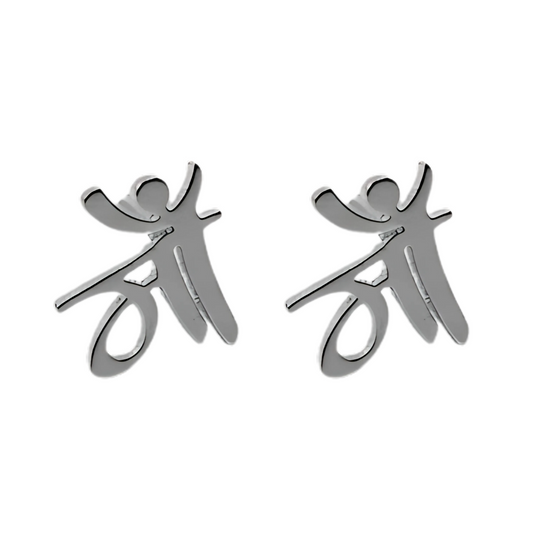 Silver abstract figure earrings on a white background