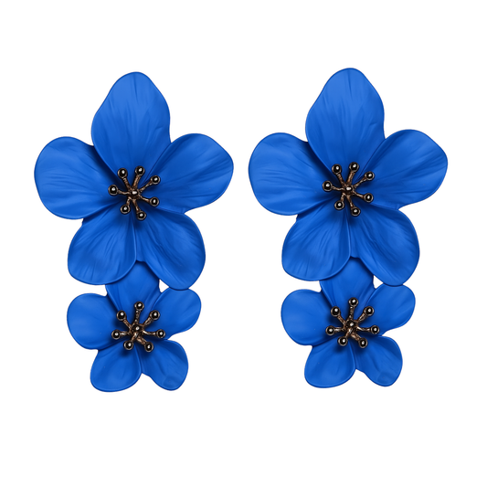 Pair of blue flower-shaped earrings on a white background