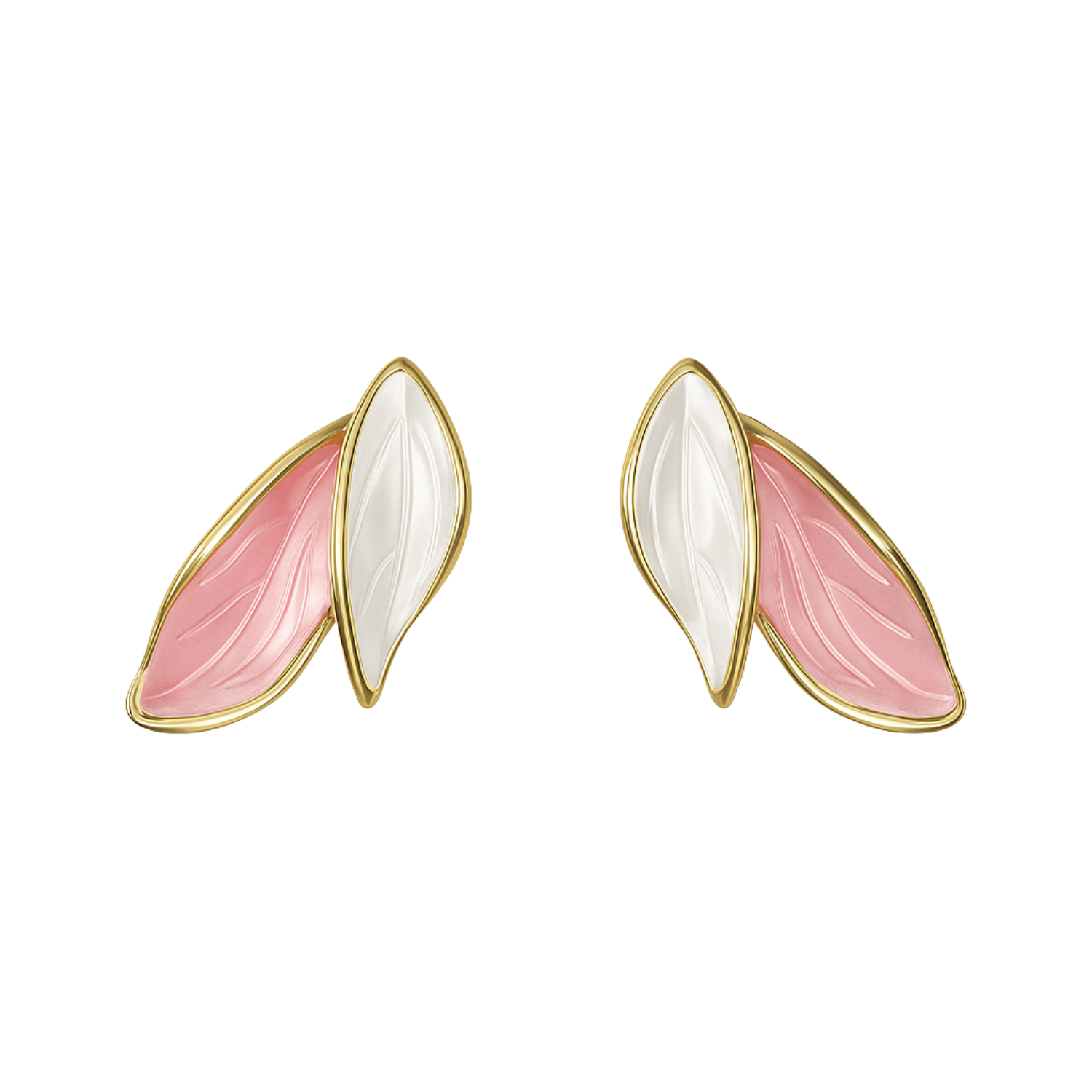 Pair of earrings with pink and white design on a white background