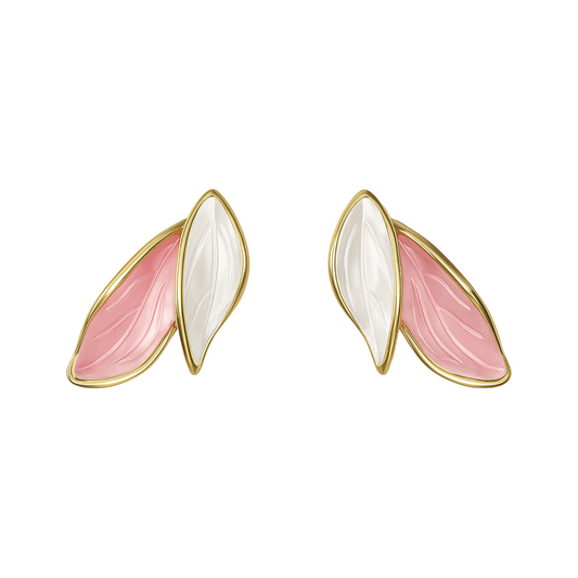 Pair of earrings with pink and white design on a white background
