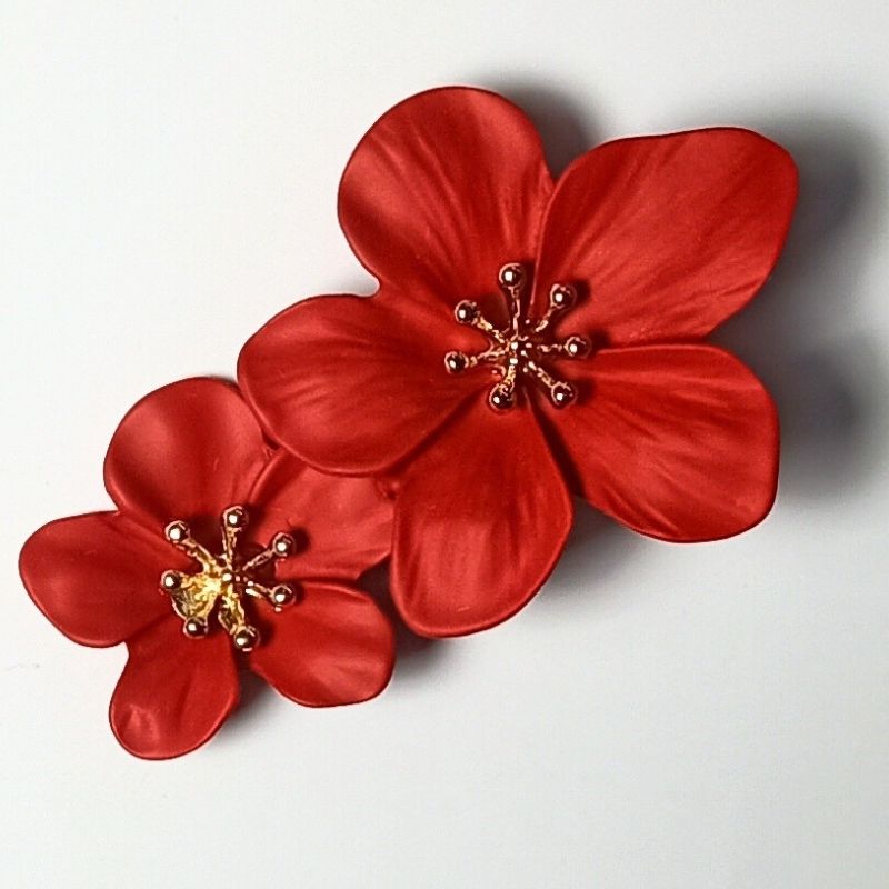 Red Flower Design Long Drop Earrings - Ceramic Brass Alloy