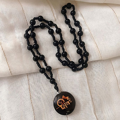 Shiva Round Glass Pendant with Black Beads Thread