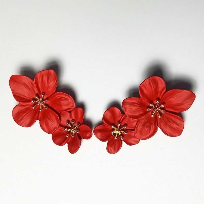 Red Flower Design Long Drop Earrings - Ceramic Brass Alloy