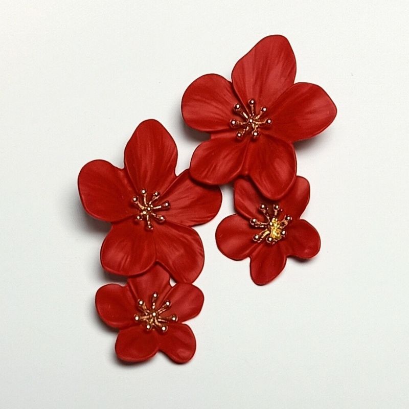 Red Flower Design Long Drop Earrings - Ceramic Brass Alloy