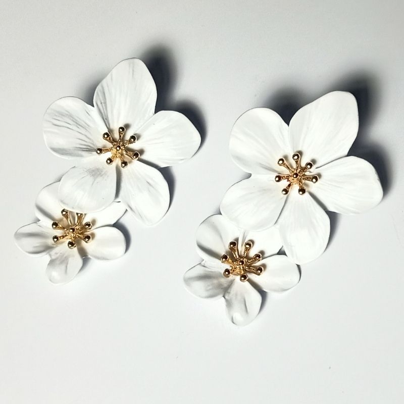 White Flower Design Long Drop Earrings - Ceramic Brass Alloy