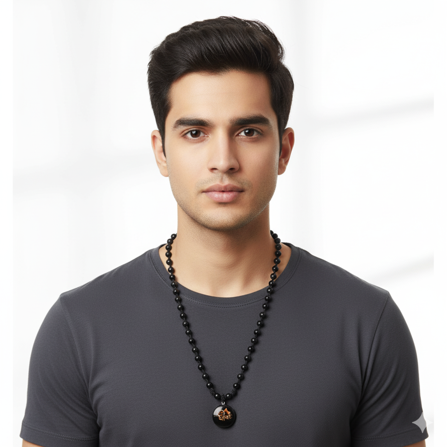 Man wearing a black beaded necklace on a white background