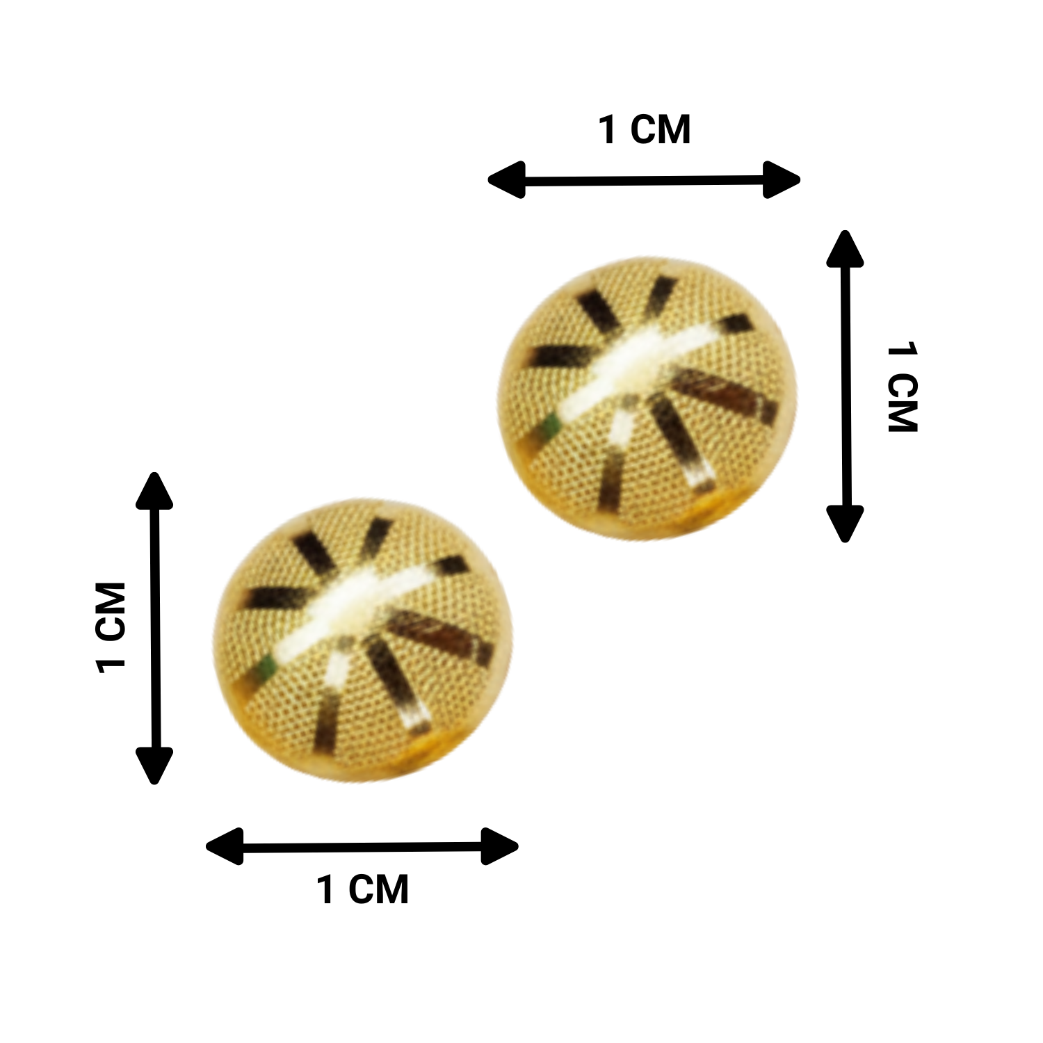 Two gold buttons stud with black patterns and measurement markings on a white background