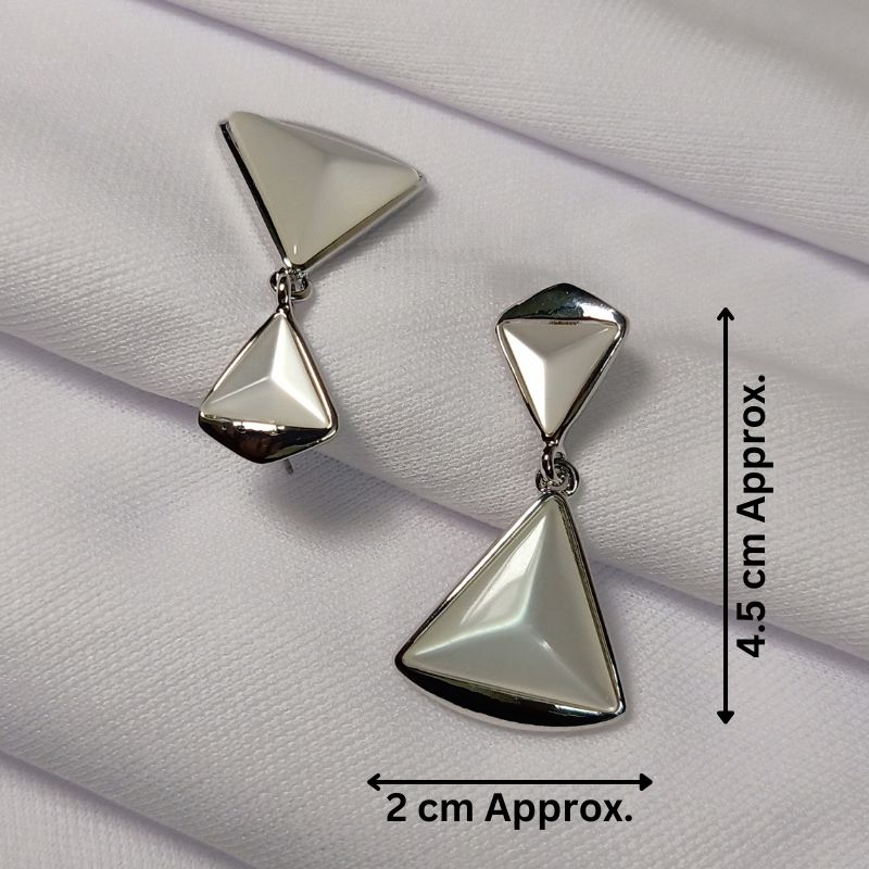 White Stone Double Triangle Silver Drop Earrings