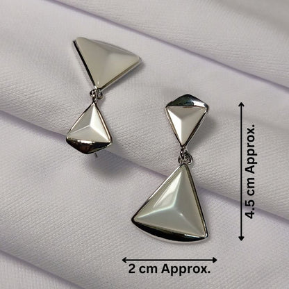 White Stone Double Triangle Silver Drop Earrings