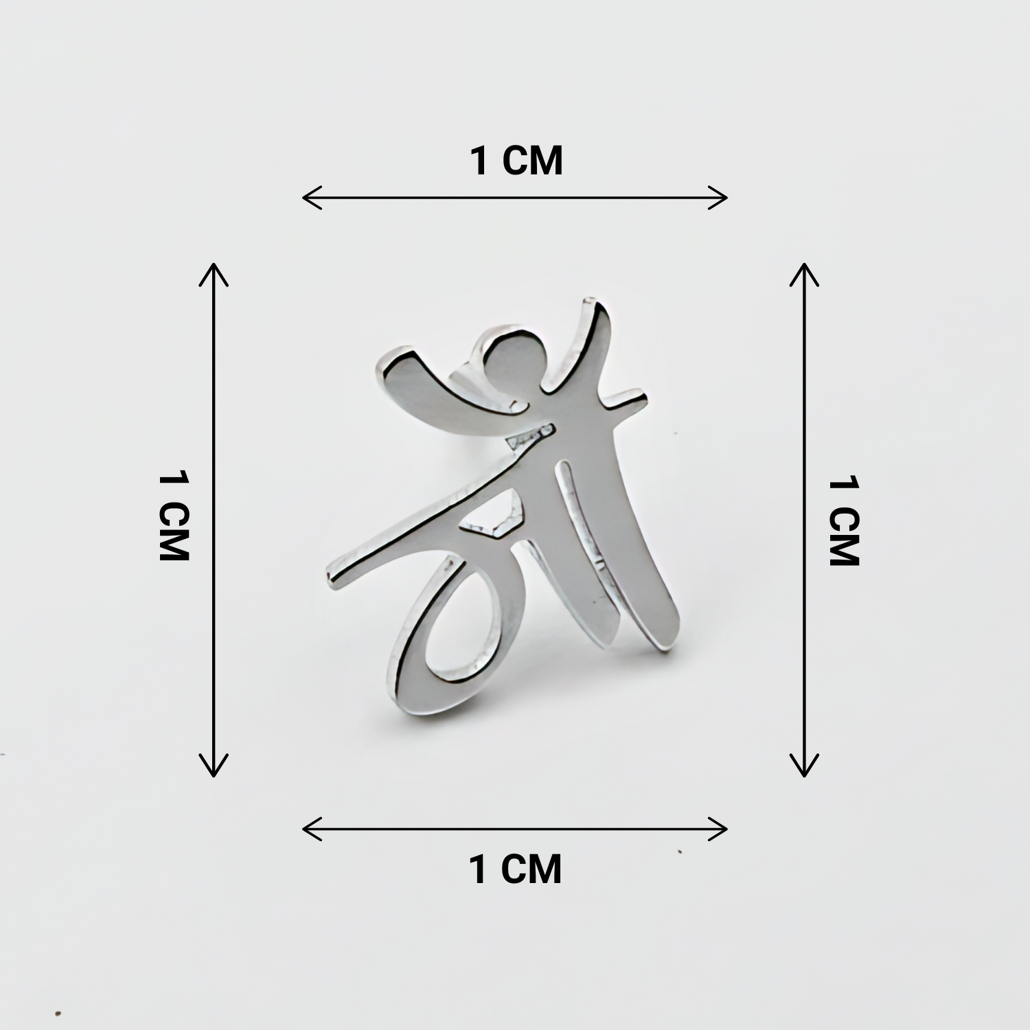 Metallic character with dimensions labeled on a white background